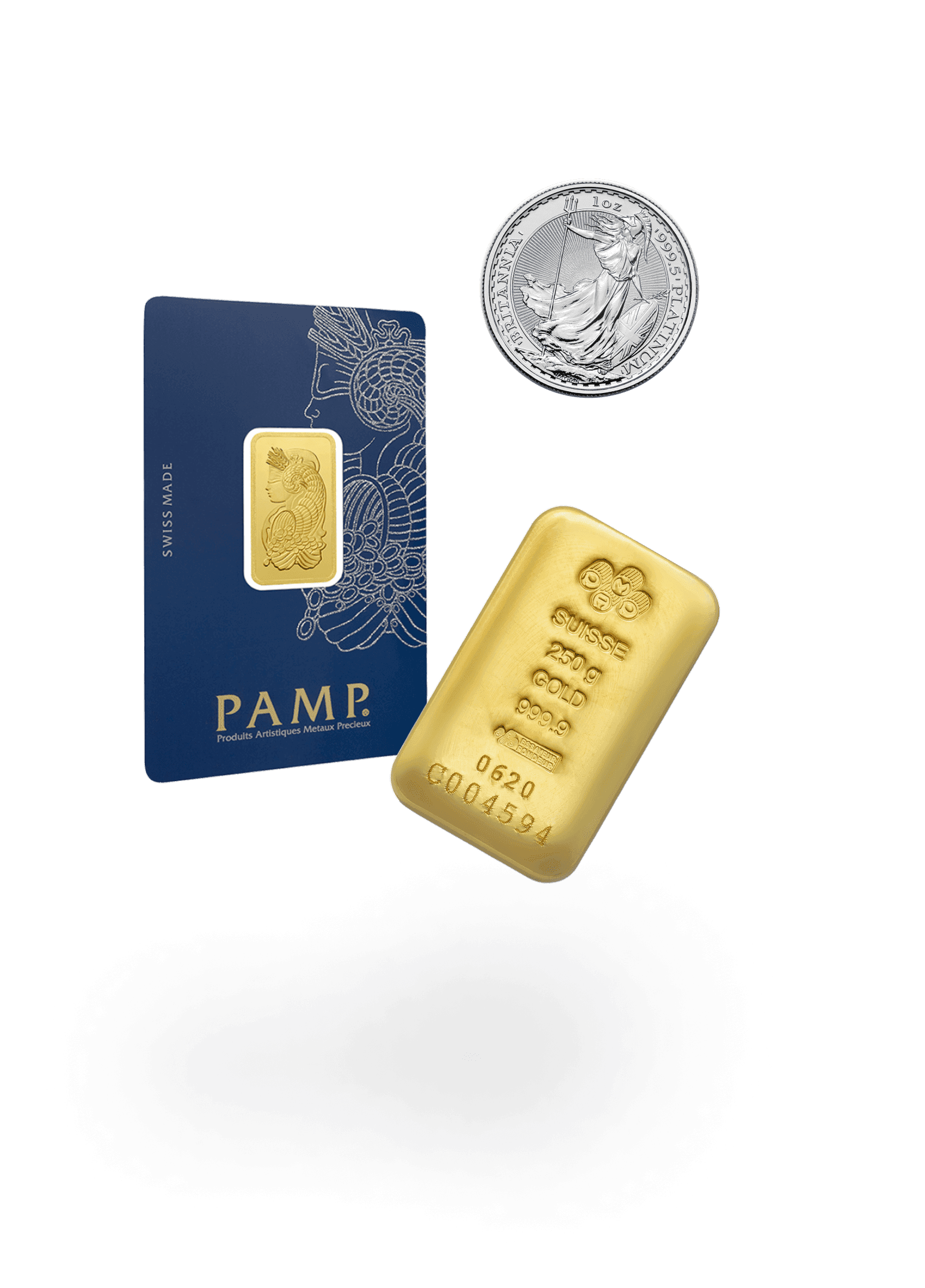 Goldmünzen und -barren kaufen von PAMP und namhafte Münzen auf dem Sparassistenten, wie 1 kg Goldbarren oder 1 oz Britannia oder 5 g Lady Fortuna Goldbarren