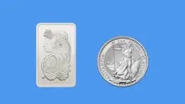 Comment acheter des lingots et des pièces en platine, représenté sur la photo par un lingot en platine PAMP Suisse lady fortuna et la pièce Britannia en platine de 1 oz.