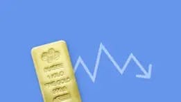 gold price fell 2% amid the rally in the U.S. dollar as shown in the picture of the cast gold bar by PAMP Suisse with the arrow pointing down on the blue background