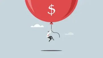 Ein Cartoon-Mann schwebt auf einem roten Ballon mit dem Dollarzeichen