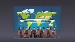 Eine Karikatur von Staats- und Regierungschefs, die in einem Konferenzraum mit einer großen Weltkarte über Weltpolitik diskutieren