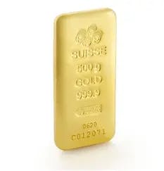 Physischer Goldbarren von PAMP Suisse mit einem Gewicht von 500 Gramm und einem Reinheitsgrad von 999,9, zum Investieren bei GOLD AVENUE