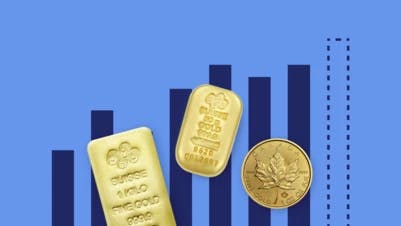 High inflation, the looming risk of stagflation, and geopolitical tension indicate that the stage is set for the gold price to rise in the future, as shown in the picture of gold bars and coins on the background of a blue chart. 