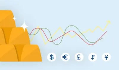 Lingotti d’oro puro con grafici delle quotazioni oro fluttuanti in dollari USA, euro, sterline britanniche, franchi svizzeri e yen giapponesi.