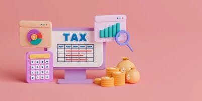 a screen with tax table, a calculator, a graph, and a pie chart with US dollar coins on a pink background