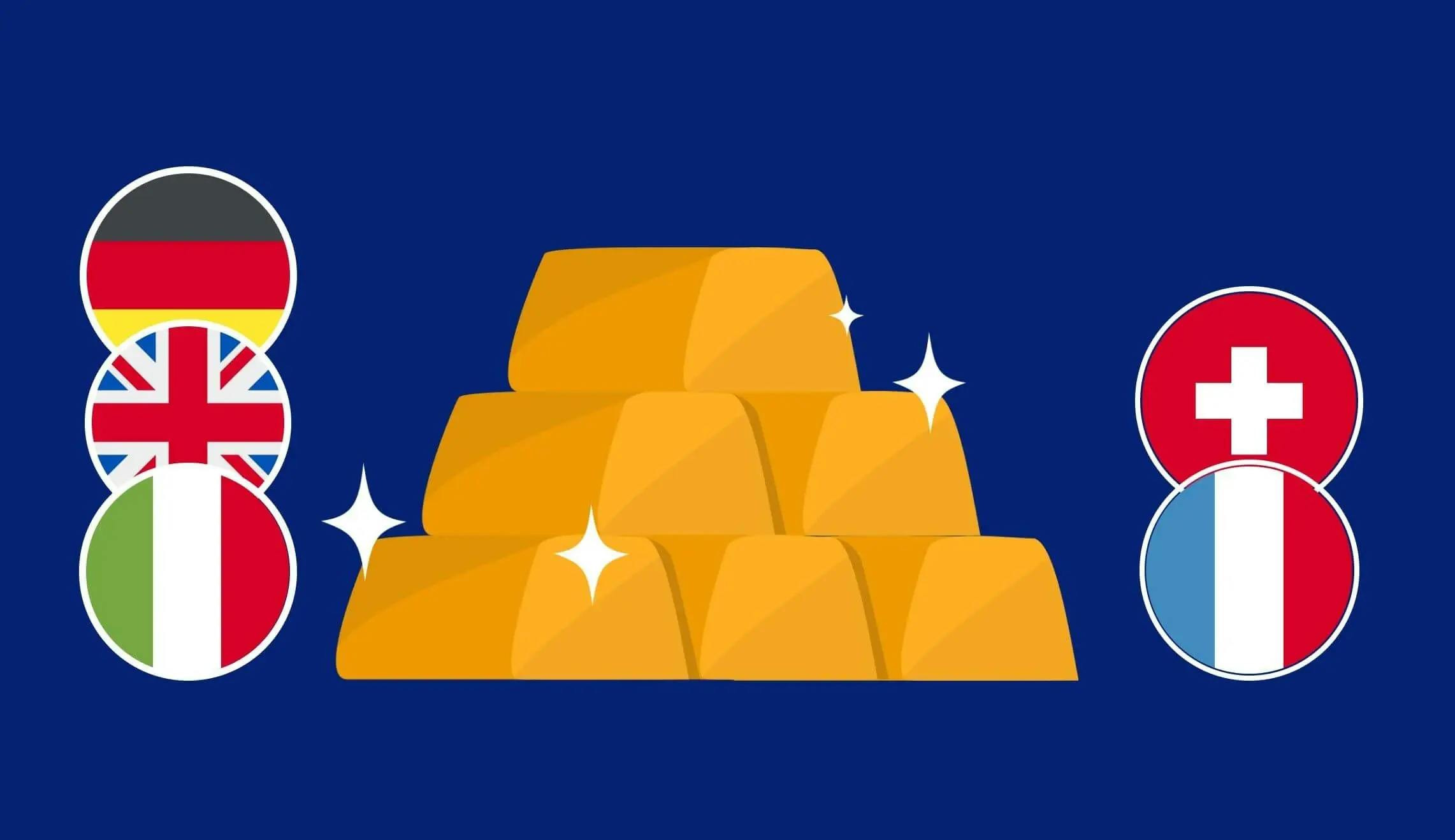 Bandiere italiane, svizzere, tedesche, britanniche e francesi con una pila di lingotti d'oro luccicante