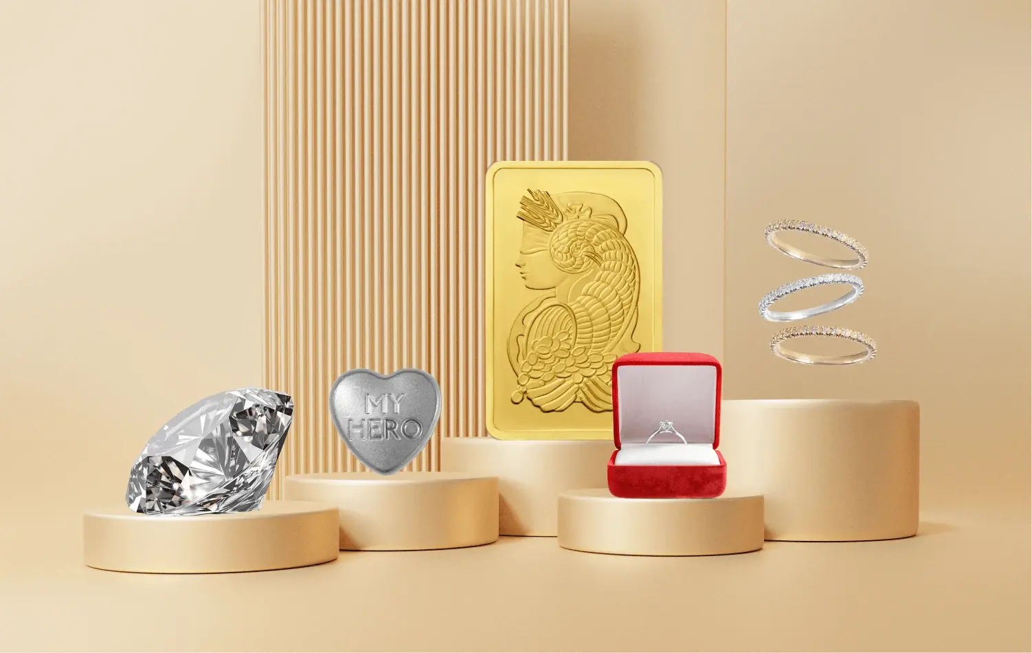 Lingot d'or Lady Fortuna, bagues Cartier, bague de fiançailles sertie Tiffany et diamant sur fond beige.