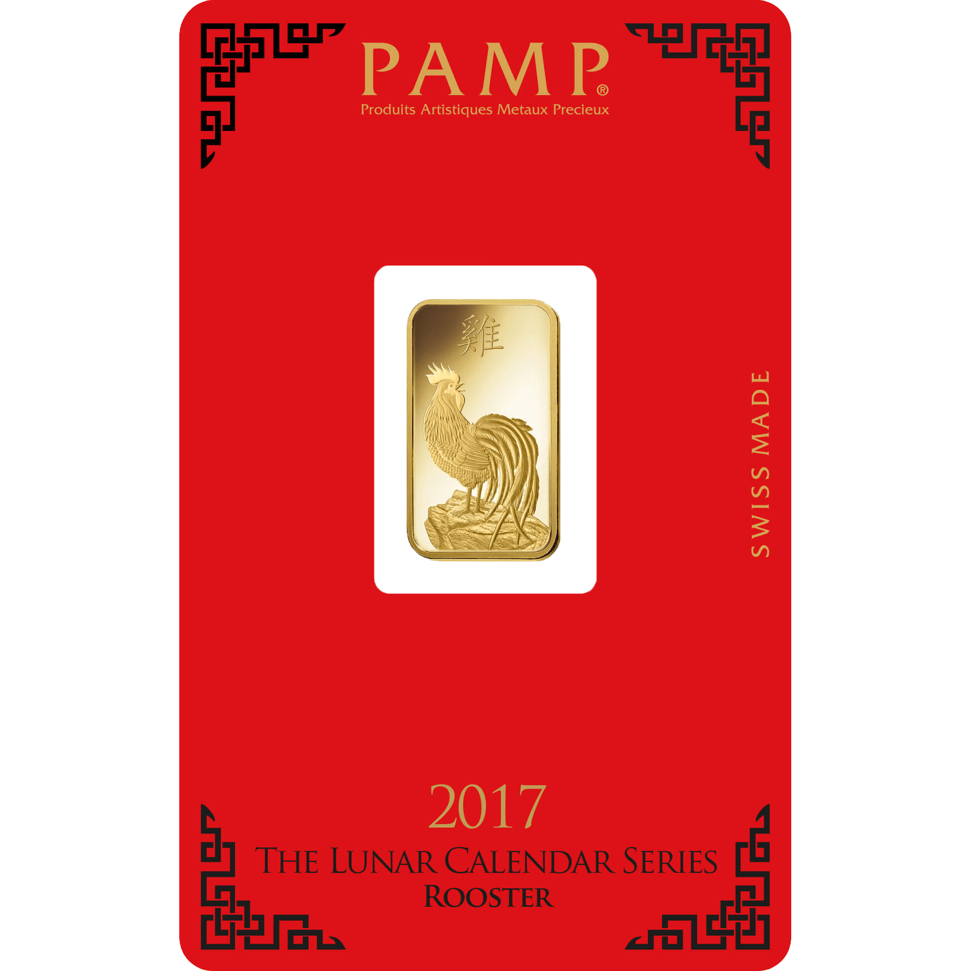 Kaufen Sie 5 Gramm FeinGoldbarren Lunar Hahn - PAMP Schweiz - Pack Front