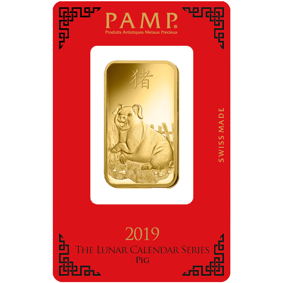 Investire in 1 oncia lingottino d'oro puro 999.9 - PAMP Svizzera Lunar Maiale - Pack Front