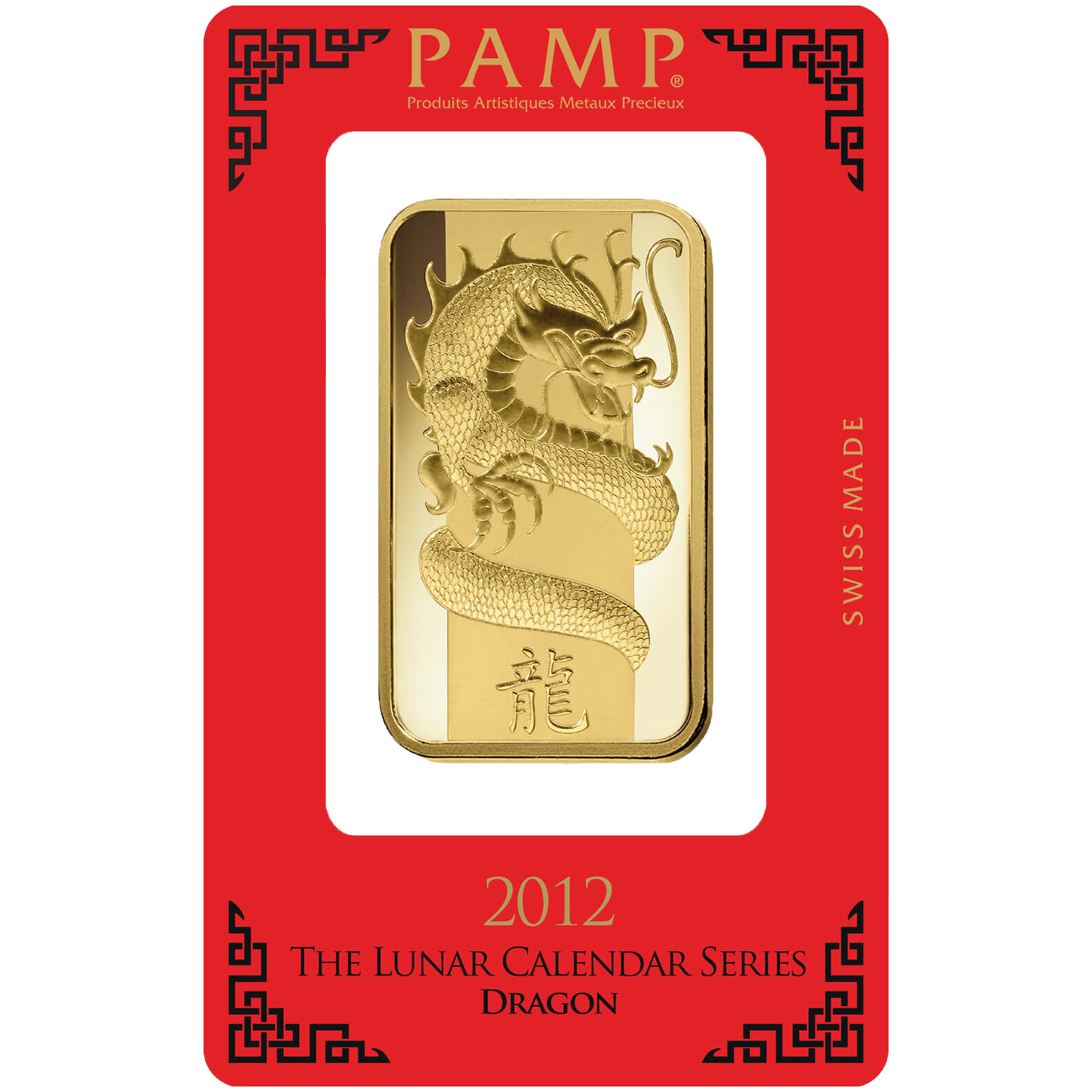 investir dans l'or, 100 gram Lingotin, Lingot d'or pur Lunar Dragon - PAMP Suisse - Pack Front