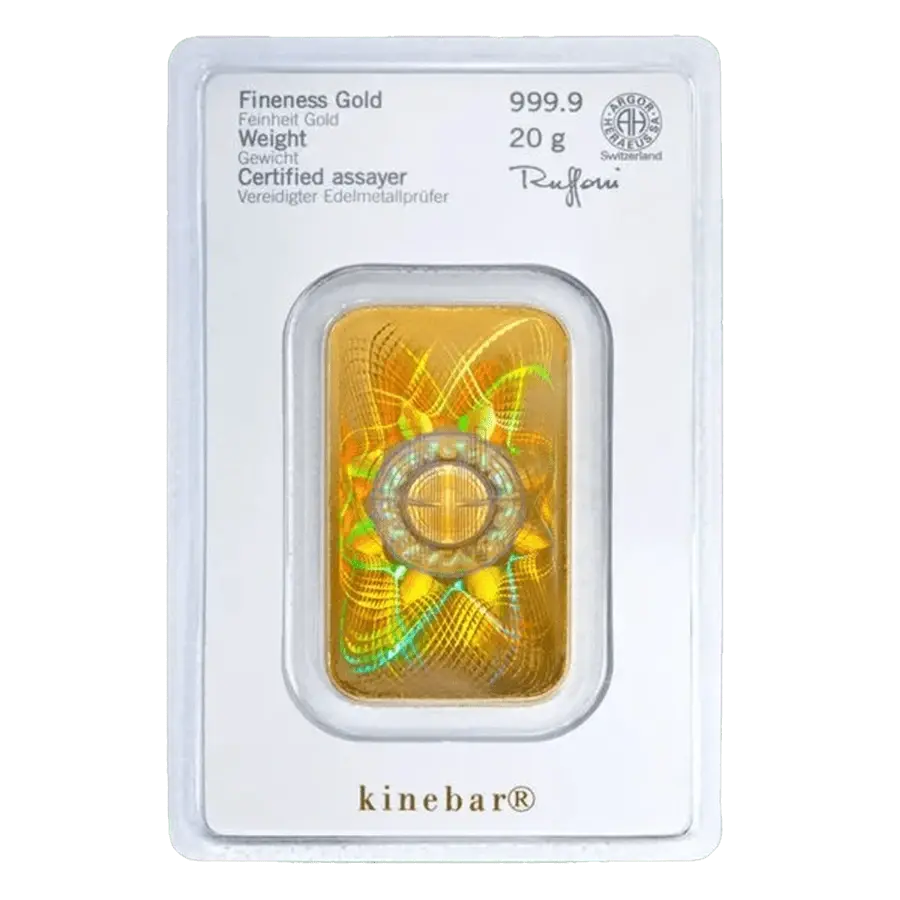 20 grammes lingotin d'or - Heraeus - Kinebar series