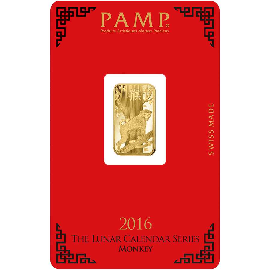 Invest in 5 gram Fine gold Lunar Monkey - PAMP Swiss - Pack Front