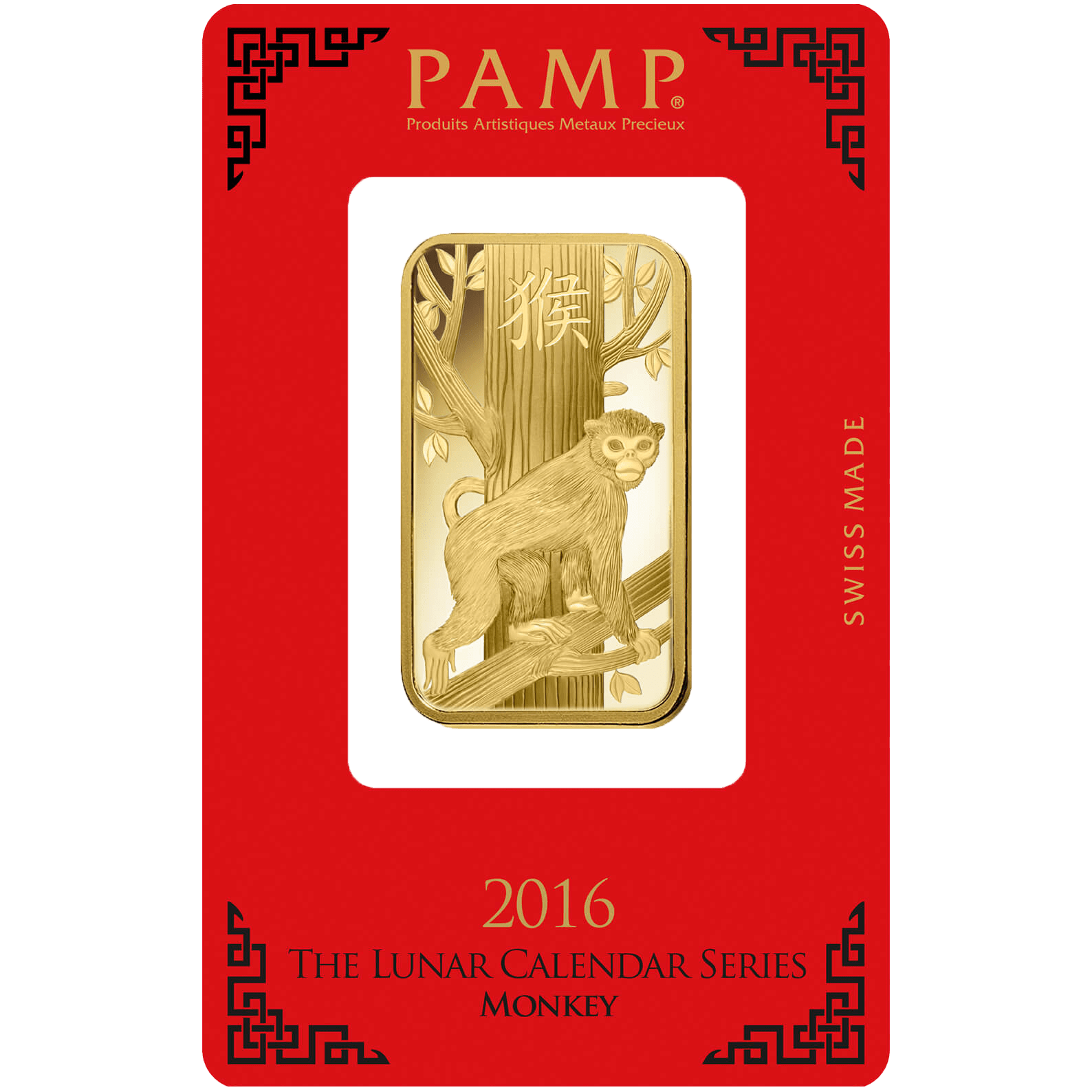 La parte posteriore del lingotto d’oro PAMP Suisse Lunar Anno della Scimmia con packaging personalizzato