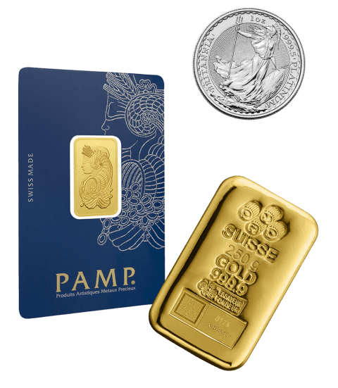 buy gold coins and bars from PAMP and reputable mints on the investment assistant like 1 kg gold bar or 1 oz britannia or 5 g lady fortuna gold bar