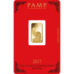 Comprare oro, 5 grammi lingottino, lingotto d'oro puro - PAMP Svizzera Lunar Gallo Investire in 5 grammi lingottino d'oro puro 999.9 - PAMP Svizzera Lunar Gallo - Pack Front