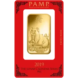 Purchase gold, 100 gram Fine gold Lunar Pig - PAMP Swiss - Pack Front Invest in 100 gram Fine gold Lunar Pig - PAMP Swiss - Pack Front