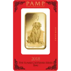 Purchase gold, 100 gram Fine gold Lunar Dog - PAMP Swiss - Pack Front Invest in 100 gram Fine gold Lunar Dog - PAMP Swiss - Pack Front