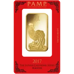 Purchase gold, 100 gram Fine gold Lunar Rooster - PAMP Swiss - Pack Front Invest in 100 gram Fine gold Lunar Rooster - PAMP Swiss - Pack Front