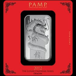 100 gram Fine Silver Bar 999.0 - PAMP Suisse Lunar Dragon 2012 100 gram Fine Silver Bar 999.0 - PAMP Suisse Lunar Dragon 2012