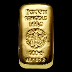 100 gram Gold Cast Bar - Heraeus 100 gram Gold Cast Bar - Heraeus - 1