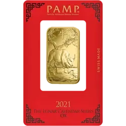 Die Rückseite des PAMP Suisse Lunar Ox Goldbarrens in der roten Sonderverpackung Die Rückseite des PAMP Suisse Lunar Ox Goldbarrens in der roten Sonderverpackung