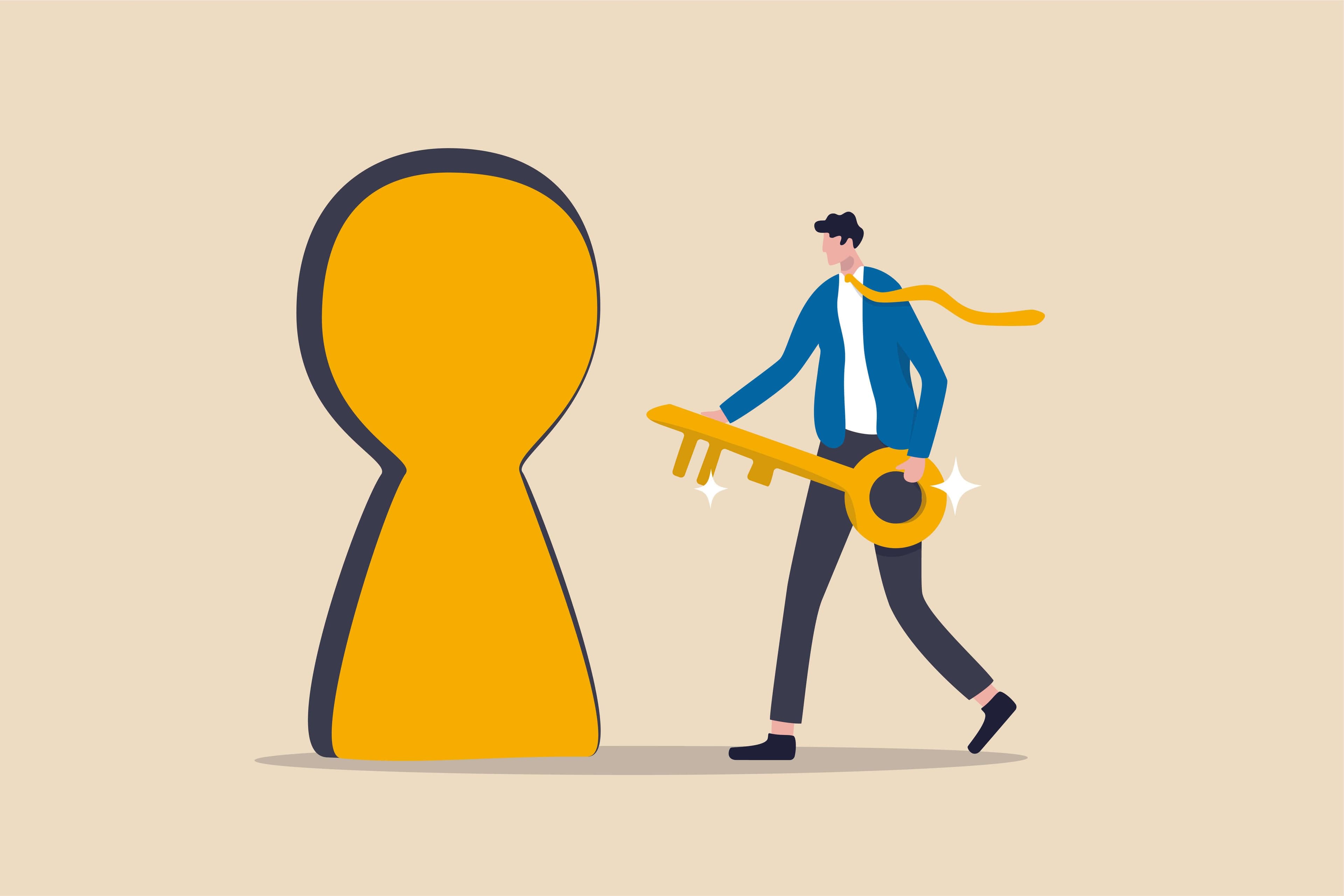 A man putting a gold key into a golden lock to pass on his gold inheritance A man putting a gold key into a golden lock to pass on his gold inheritance