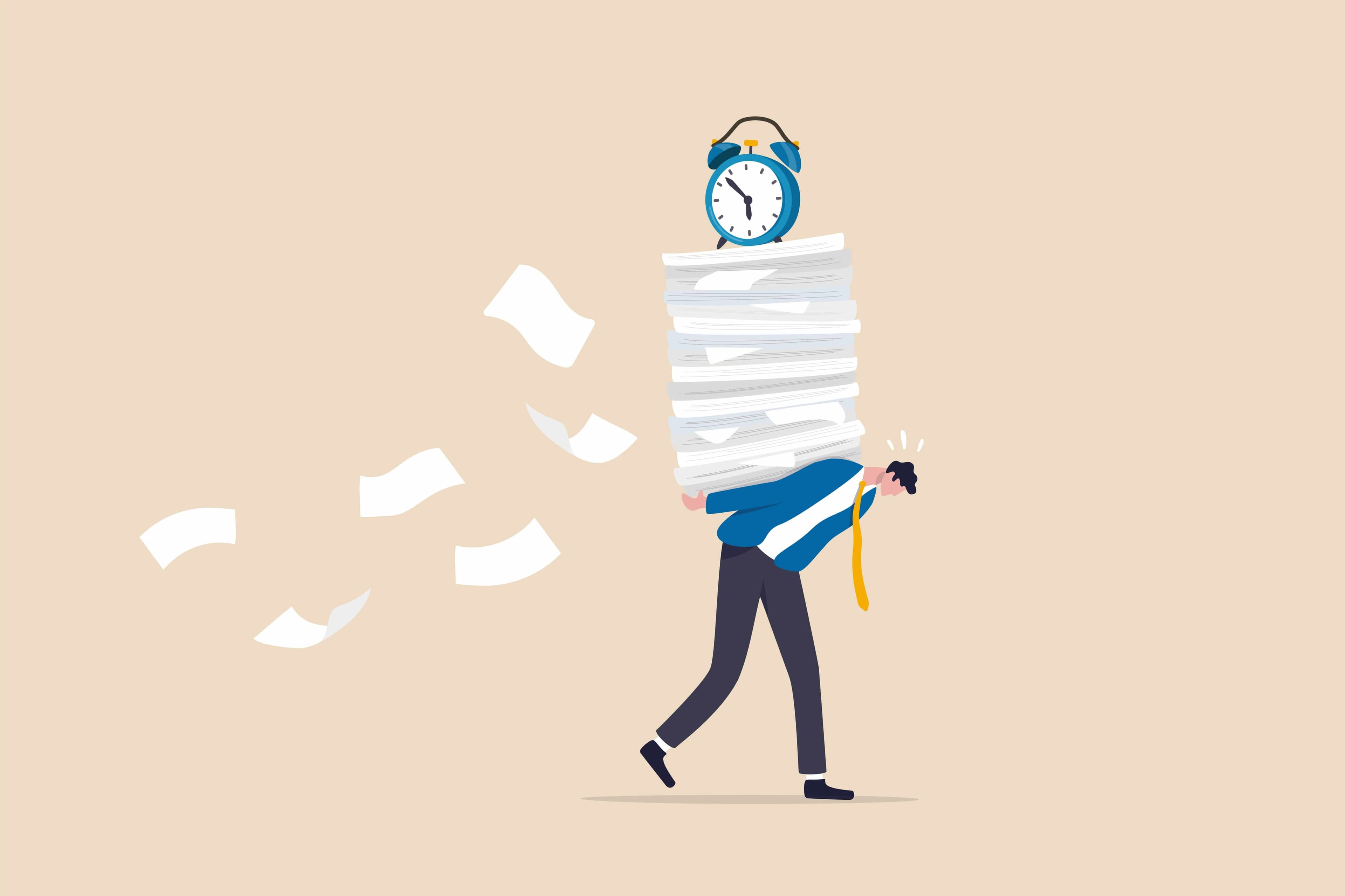 A man carrying a pile of paper on his shoulders and tax paperwork burden A man carrying a pile of paper on his shoulders and tax paperwork burden