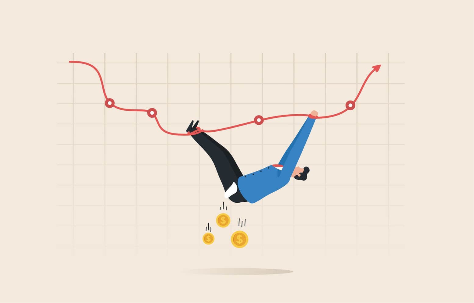 a man hanging on a red economic indicators with gold dollar coins falling a man hanging on a red economic indicators with gold dollar coins falling