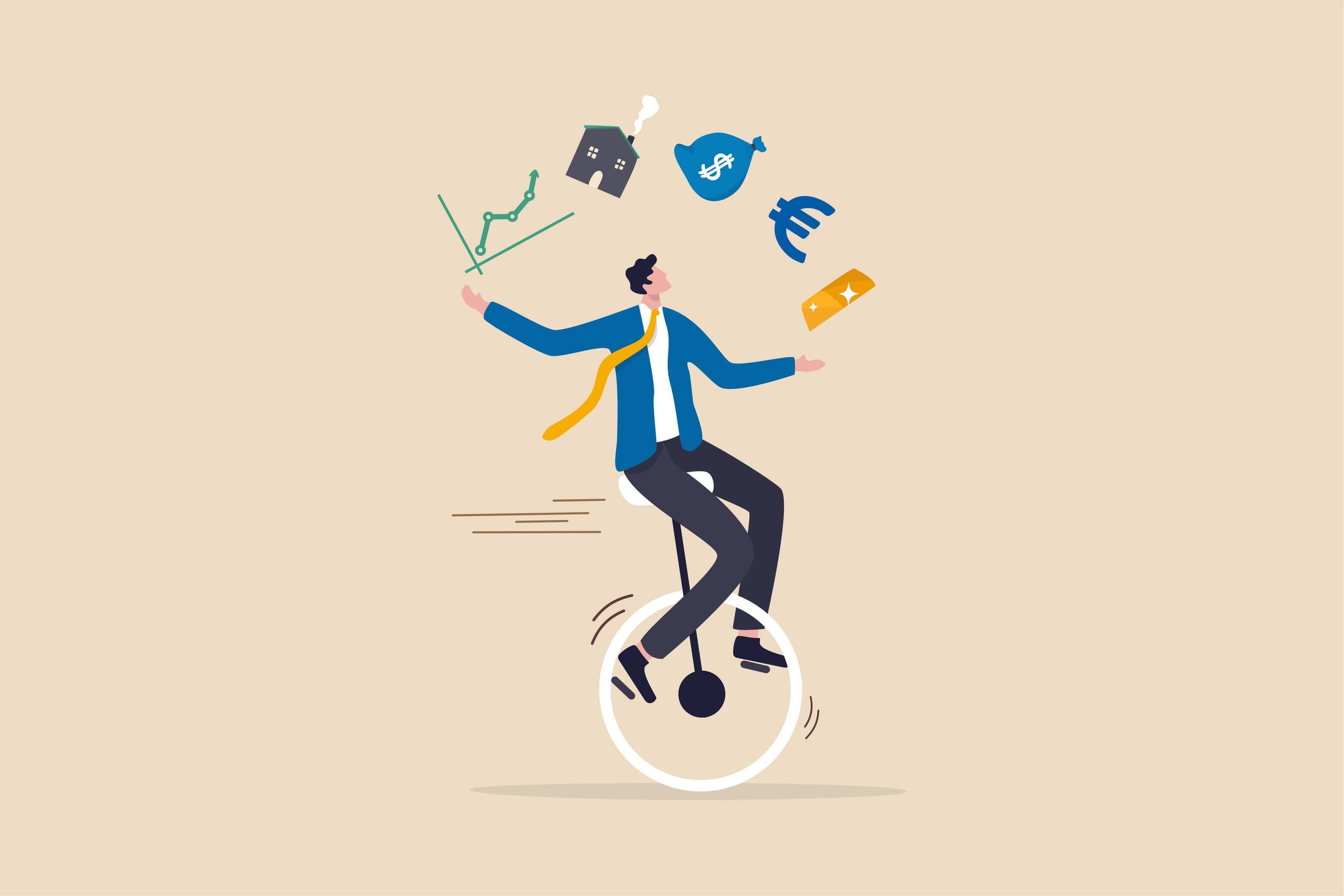 choosing an investment that would work for you represented by a picture of a cartoon man juggling stocks, real estate, cash in a savings account and physical gold. choosing an investment that would work for you represented by a picture of a cartoon man juggling stocks, real estate, cash in a savings account and physical gold.