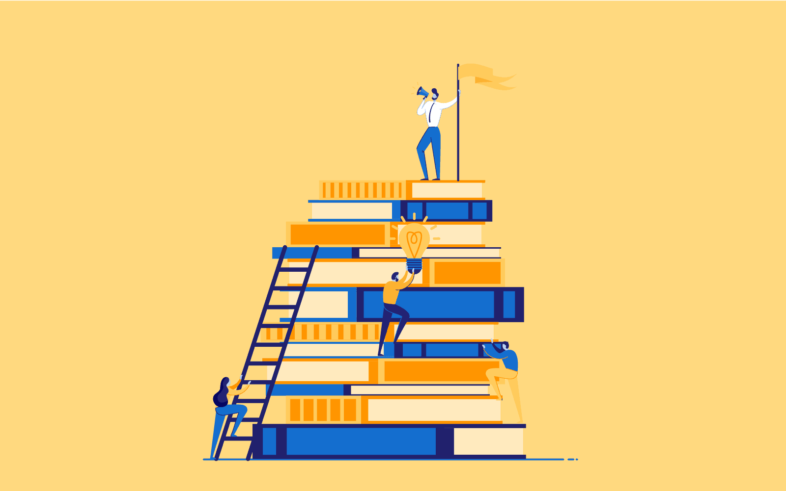 Come comprare oro? Guida per principianti Personaggi dei fumetti che scalano una pila di libri e portano una lampadina per scoprire le regole di base per comprare oro.