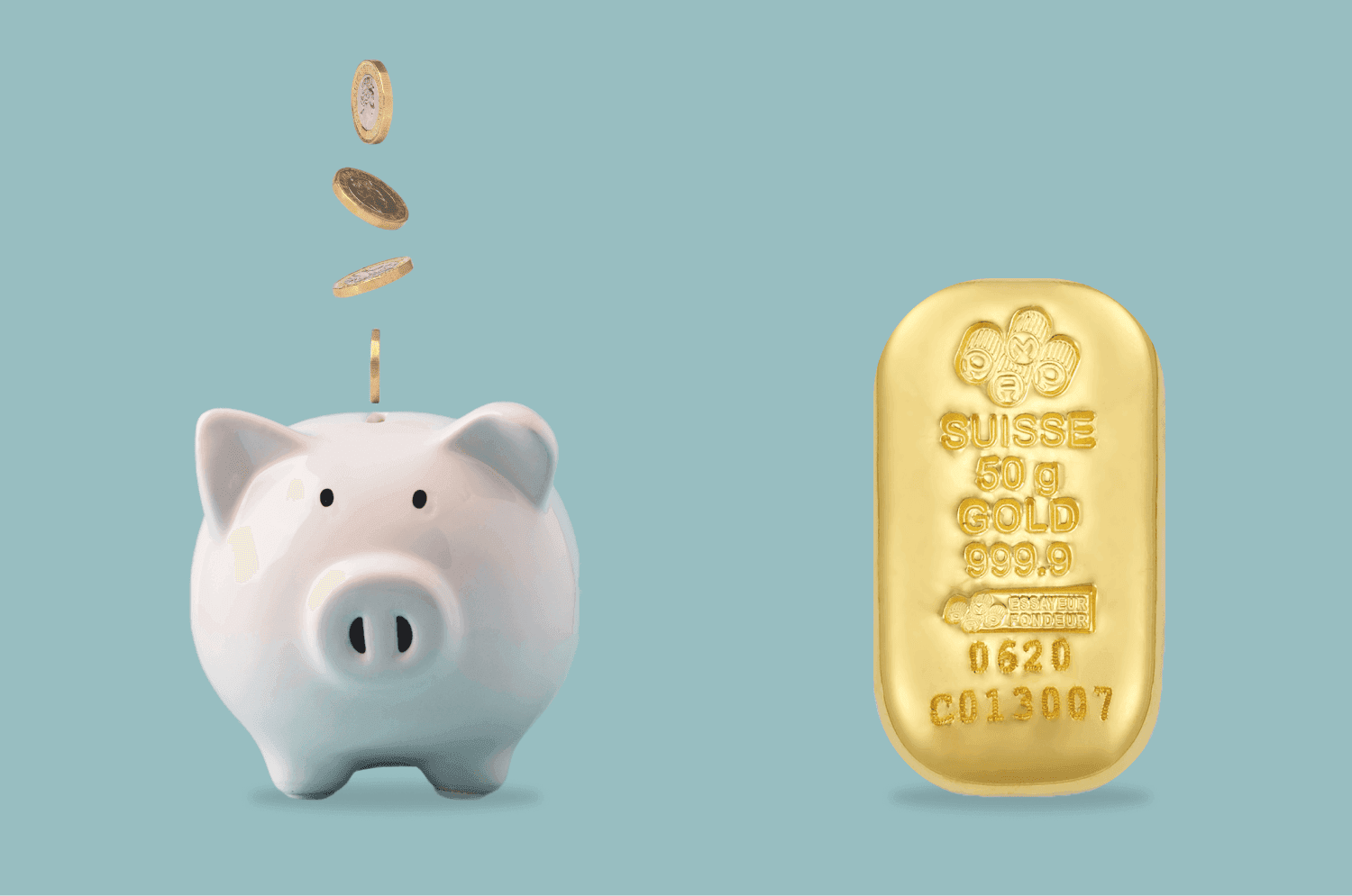 Savings Account Vs. Gold: Which One Should You Choose? a piggy bank with gold euro coins falling in it and a PAMP Suisse gold bar