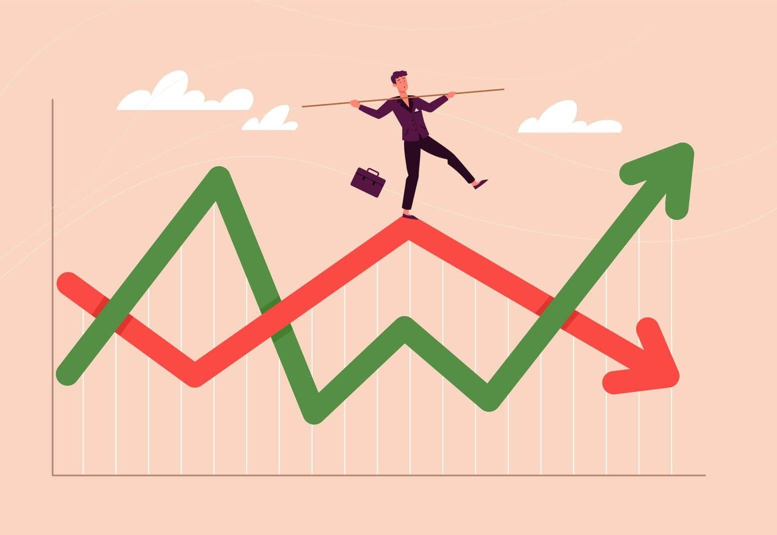 a man with a briefcase balancing on red and green arrows symbolizing price volatility a man with a briefcase balancing on red and green arrows symbolizing price volatility