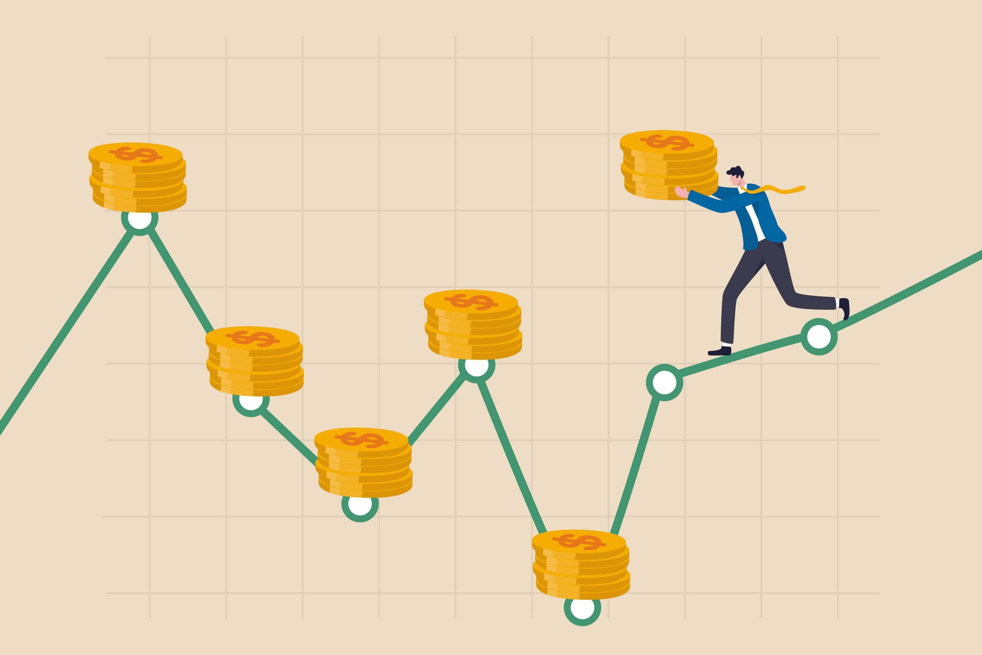choosing an investment strategy between dollar-cost averaging and lump-sum strategy represented by an image of a cartoon man carrying a pile of gold coins and running on a green graph that shows investment periods choosing an investment strategy between dollar-cost averaging and lump-sum strategy represented by an image of a cartoon man carrying a pile of gold coins and running on a green graph that shows investment periods