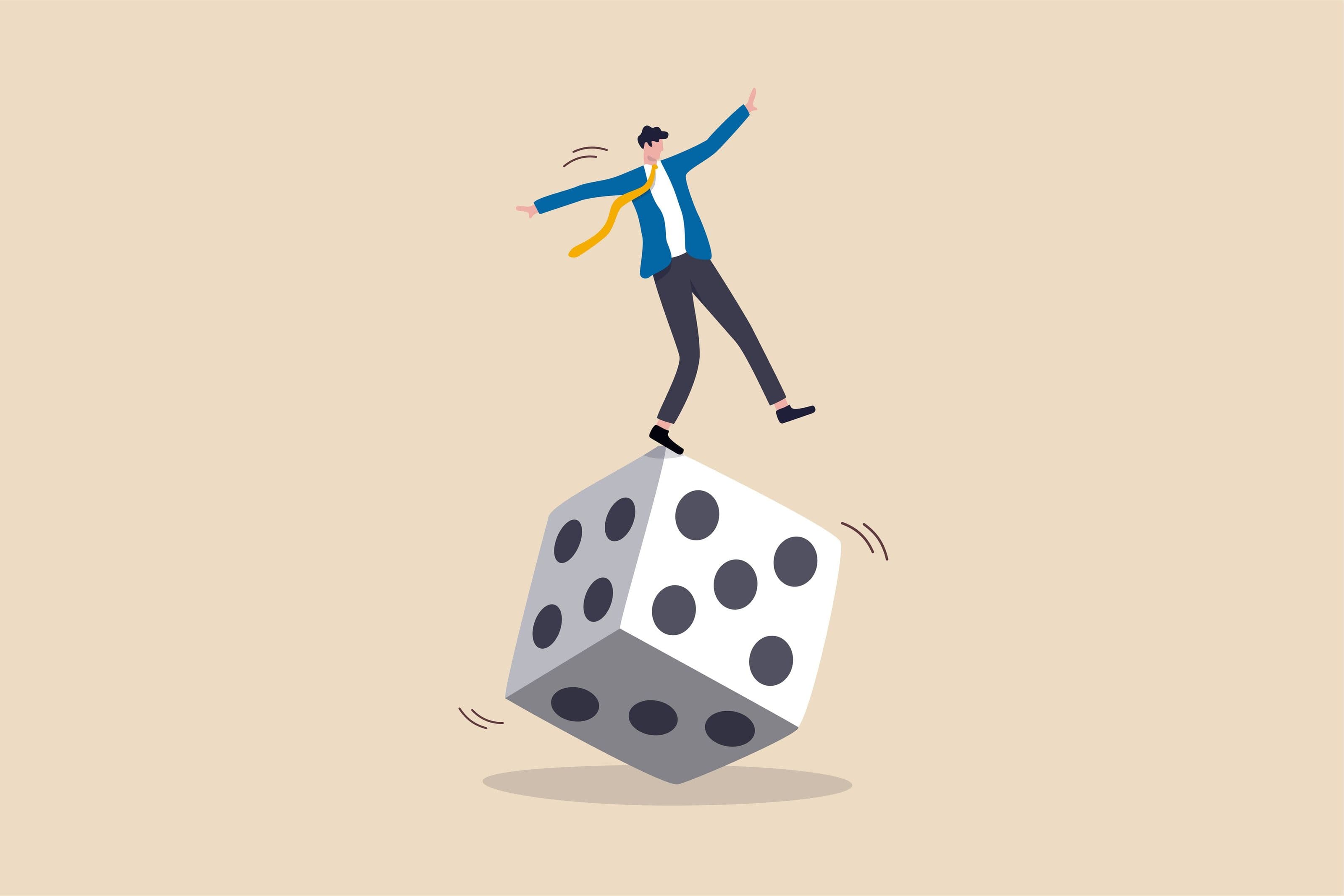 determining your risk tolerance represented by a picture of a cartoon man in a suit balancing on a huge dice determining your risk tolerance represented by a picture of a cartoon man in a suit balancing on a huge dice