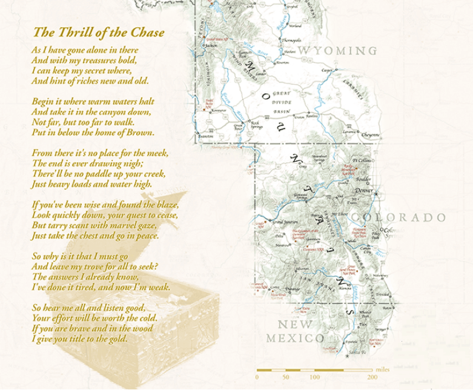 Art dealer Forrest Fenn wrote a poem that leads to a hidden treasure chest containing gold coins and jewelry. Art dealer Forrest Fenn wrote a poem that leads to a hidden treasure chest containing gold coins and jewelry.