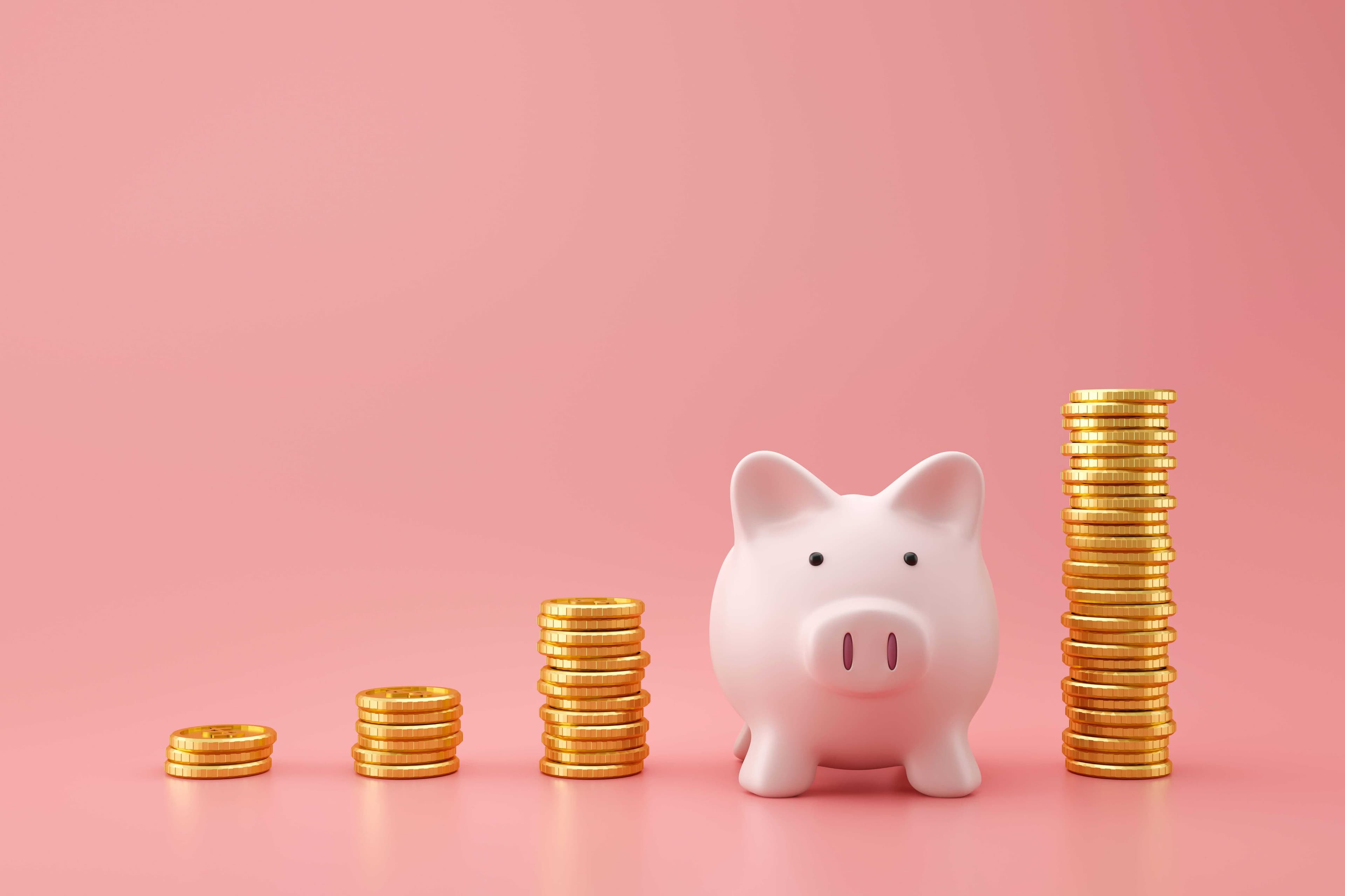 3 Easy Ways to Save Money life savings in gold coins and a piggy bank on a pink background