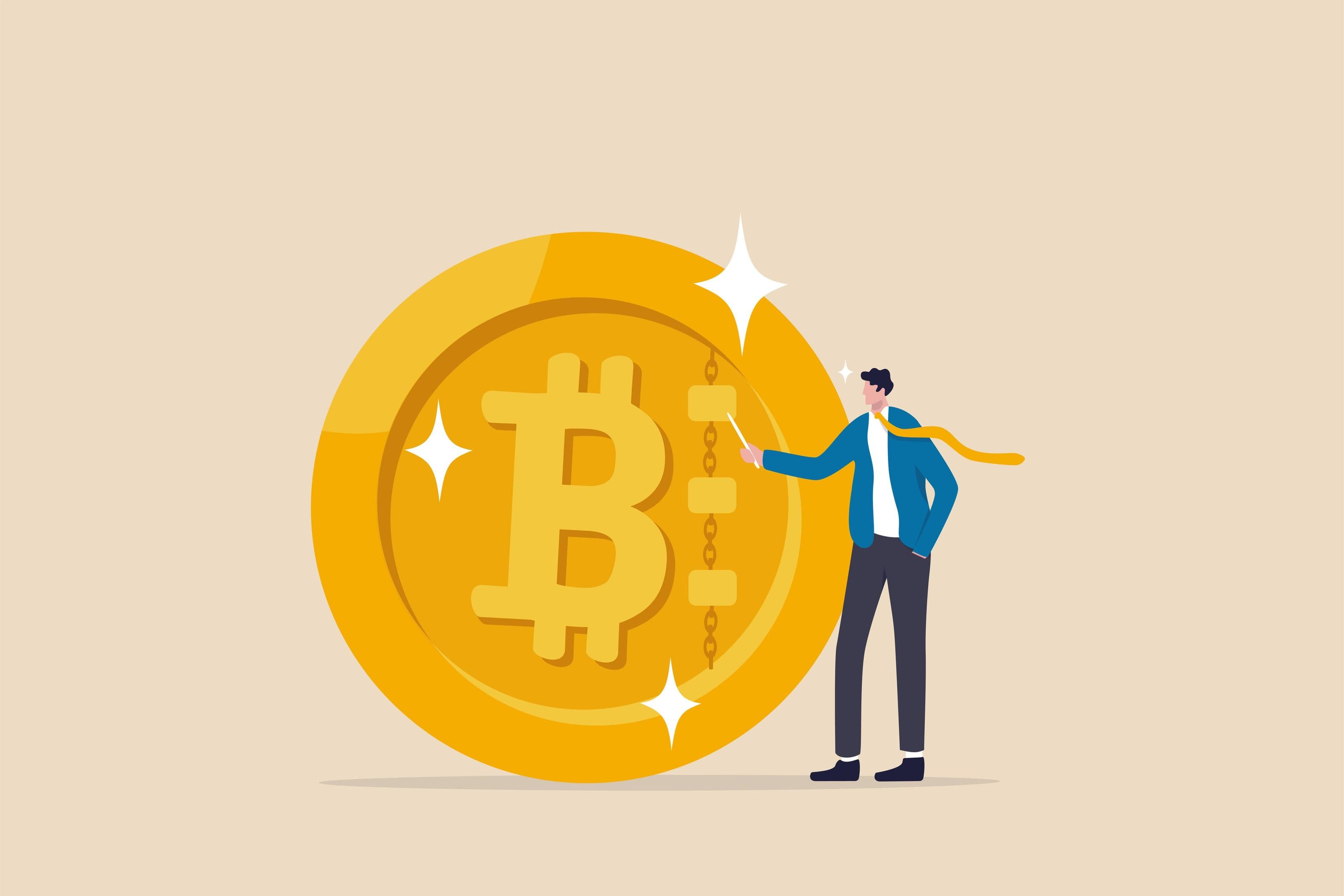 investing in cryptocurrency represented by an image of a cartoon man in a suit standing next to a giant gold bitcoin coin investing in cryptocurrency represented by an image of a cartoon man in a suit standing next to a giant gold bitcoin coin