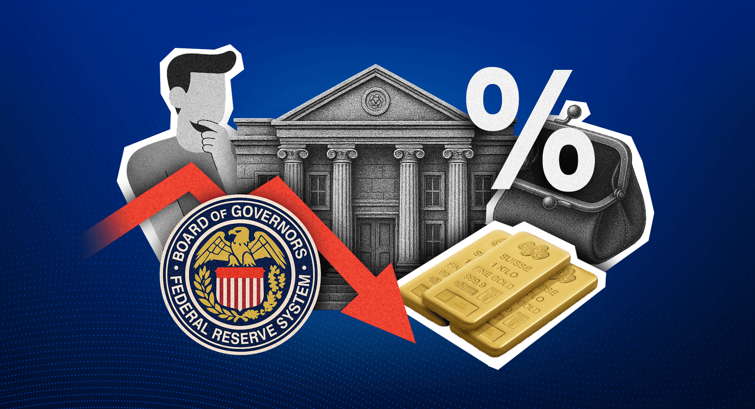 Wie die aktuellen Zinssenkungen den Goldpreis beeinflussen ein Mann, der ein Prozentzeichen zerschneidet