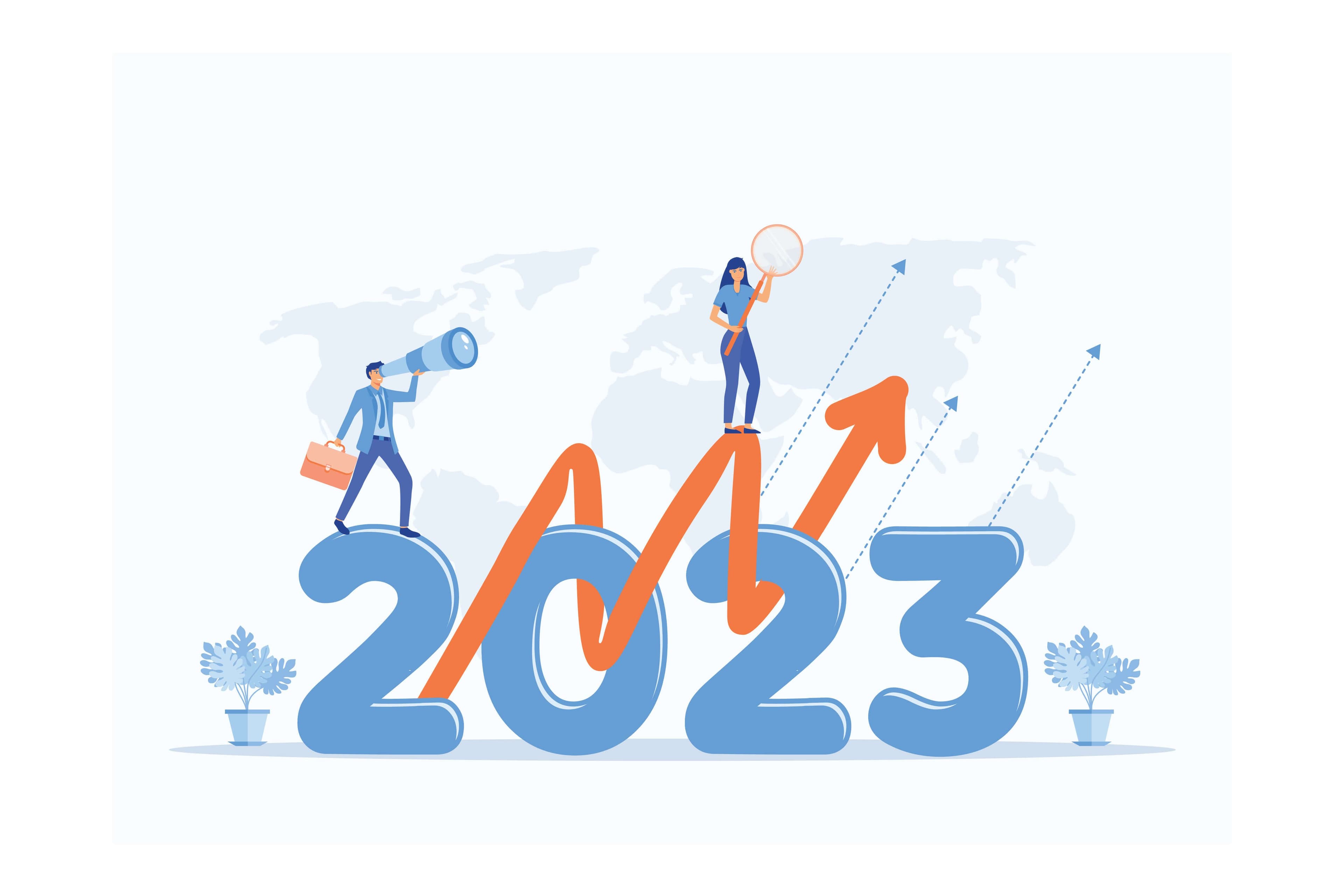 How to Start Investing in 2023? Here's What You Need to Know a man with a suitcase and a girl with a magnifying glass standing on top of the numbers 2023