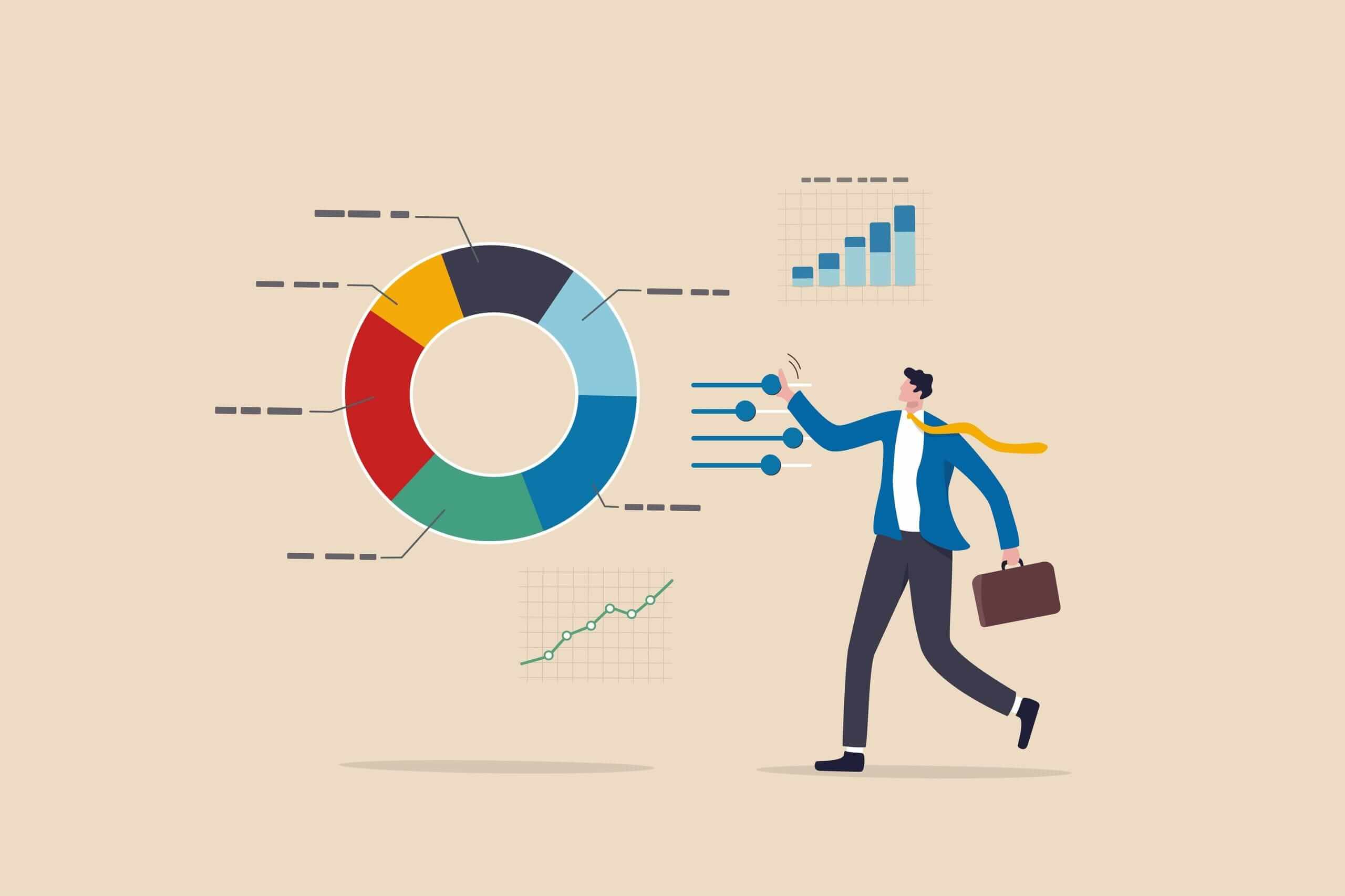 a cartoon man with a suitcase looking at charts a cartoon man with a suitcase looking at charts