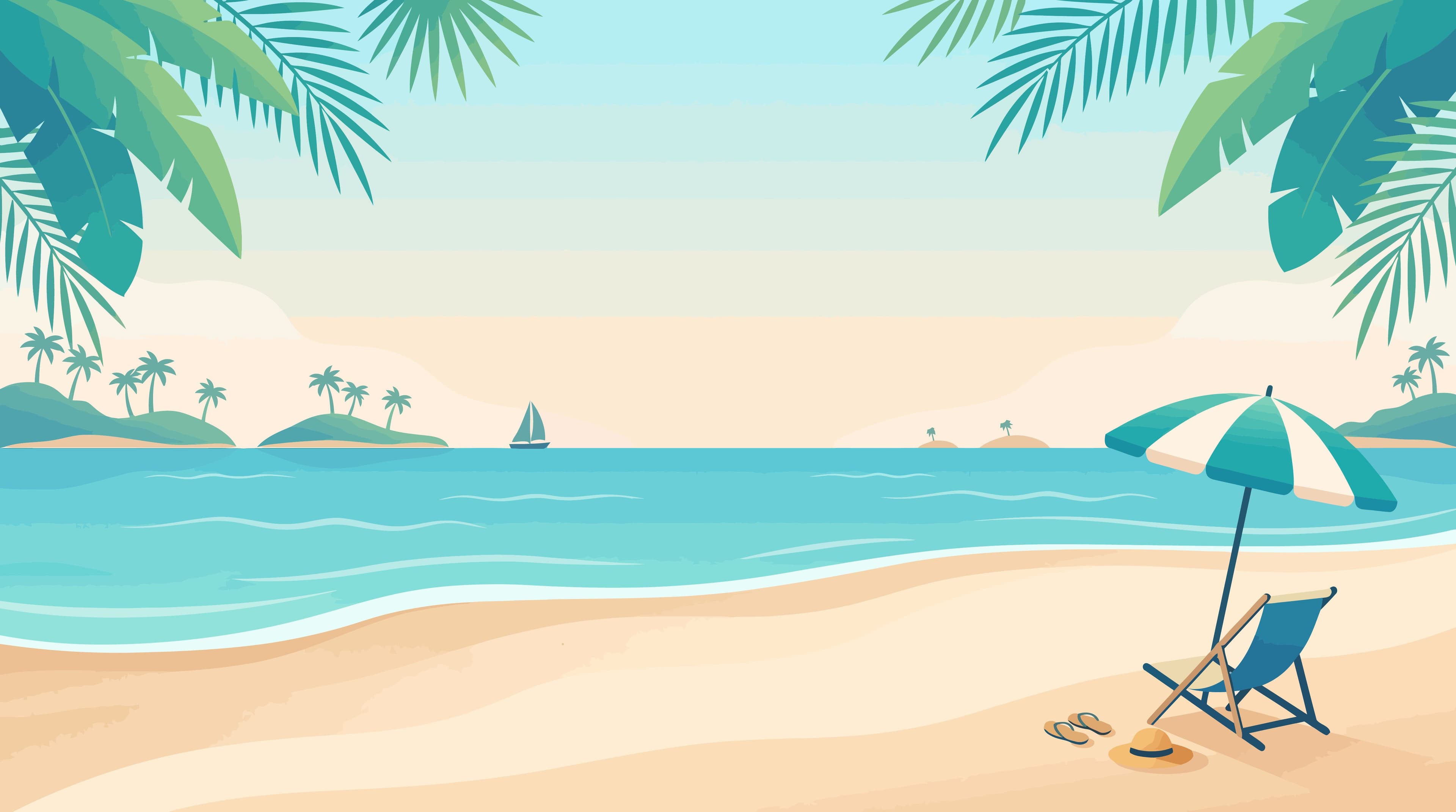 two striped beach chairs with a suitcase, an umbrella, and a beach ball on a light blue background two striped beach chairs with a suitcase, an umbrella, and a beach ball on a light blue background