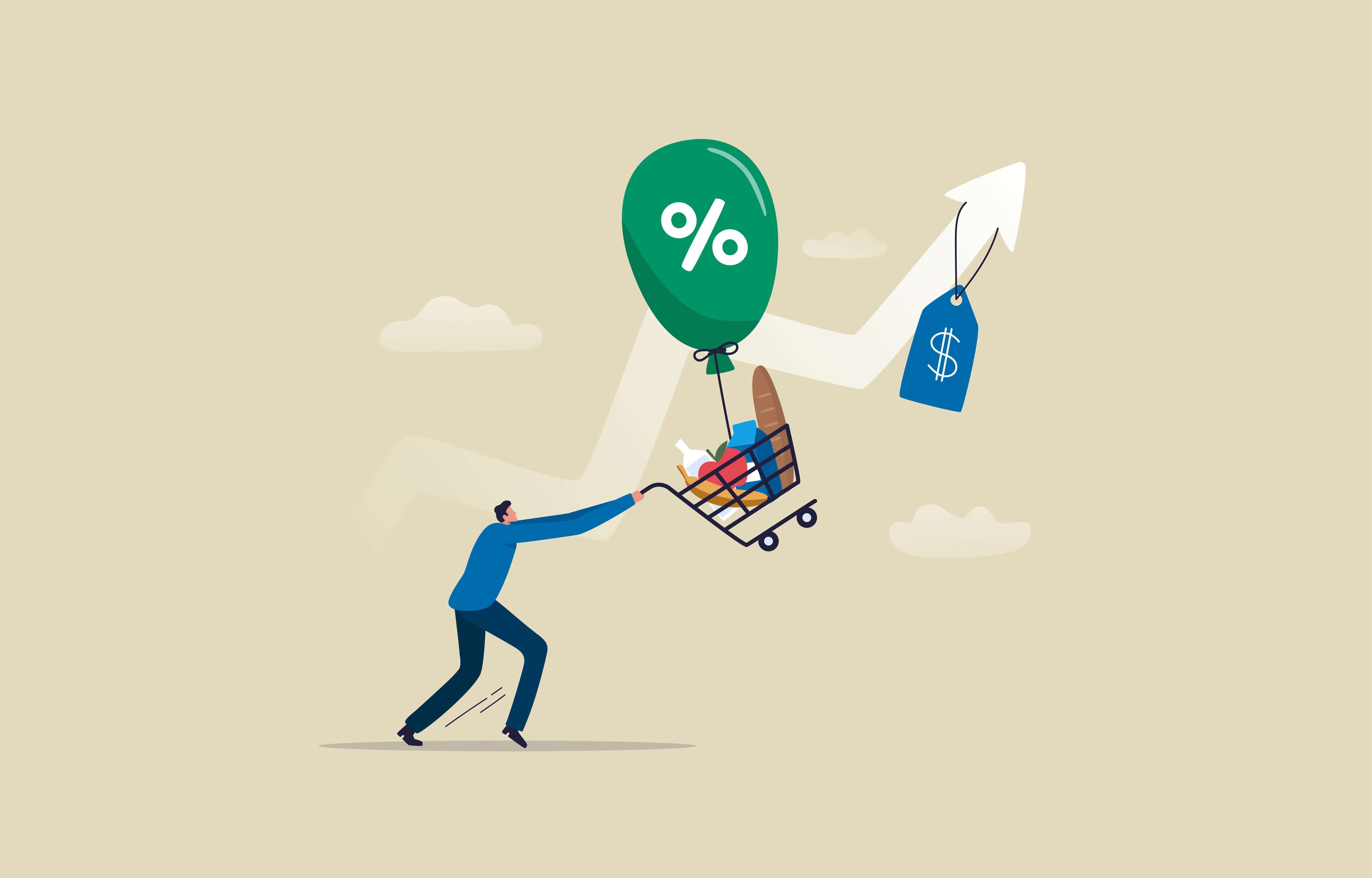 a cartoon man catching a cart full of products with a white arrow and green balloon rising up a cartoon man catching a cart full of products with a white arrow and green balloon rising up