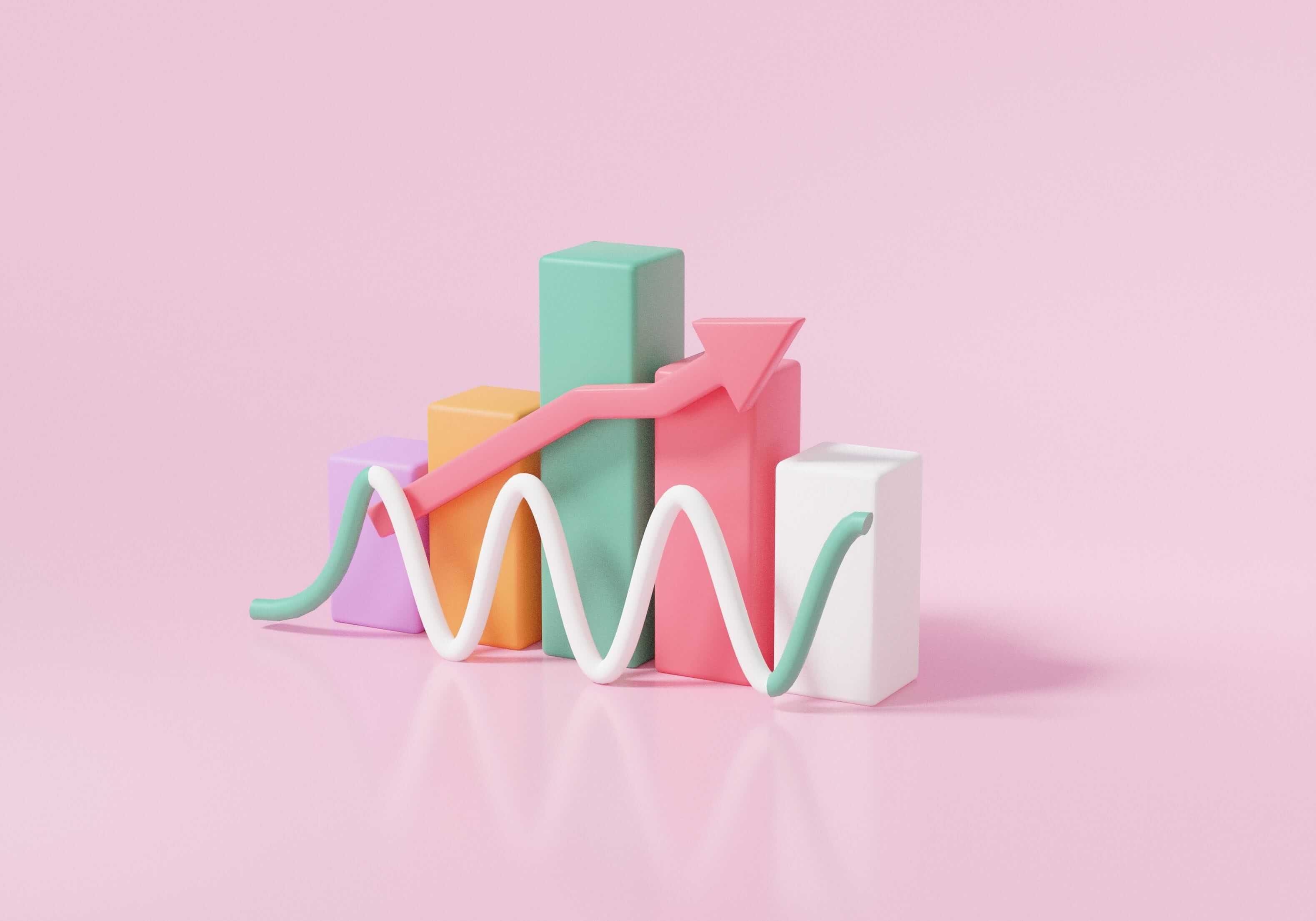 a multicolored column chart, a pink curve, and a white-and-green zig zag indicator on a pink background a multicolored column chart, a pink curve, and a white-and-green zig zag indicator on a pink background