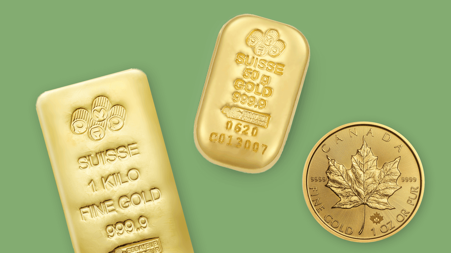 a 1 kg PAMP Suisse 999.9 fine gold bar, a 50 g PAMP Suisse 999.9 fine gold bar, and a 1 oz Canadian Maple Leaf gold coin on a light green background a 1 kg PAMP Suisse 999.9 fine gold bar, a 50 g PAMP Suisse 999.9 fine gold bar, and a 1 oz Canadian Maple Leaf gold coin on a light green background