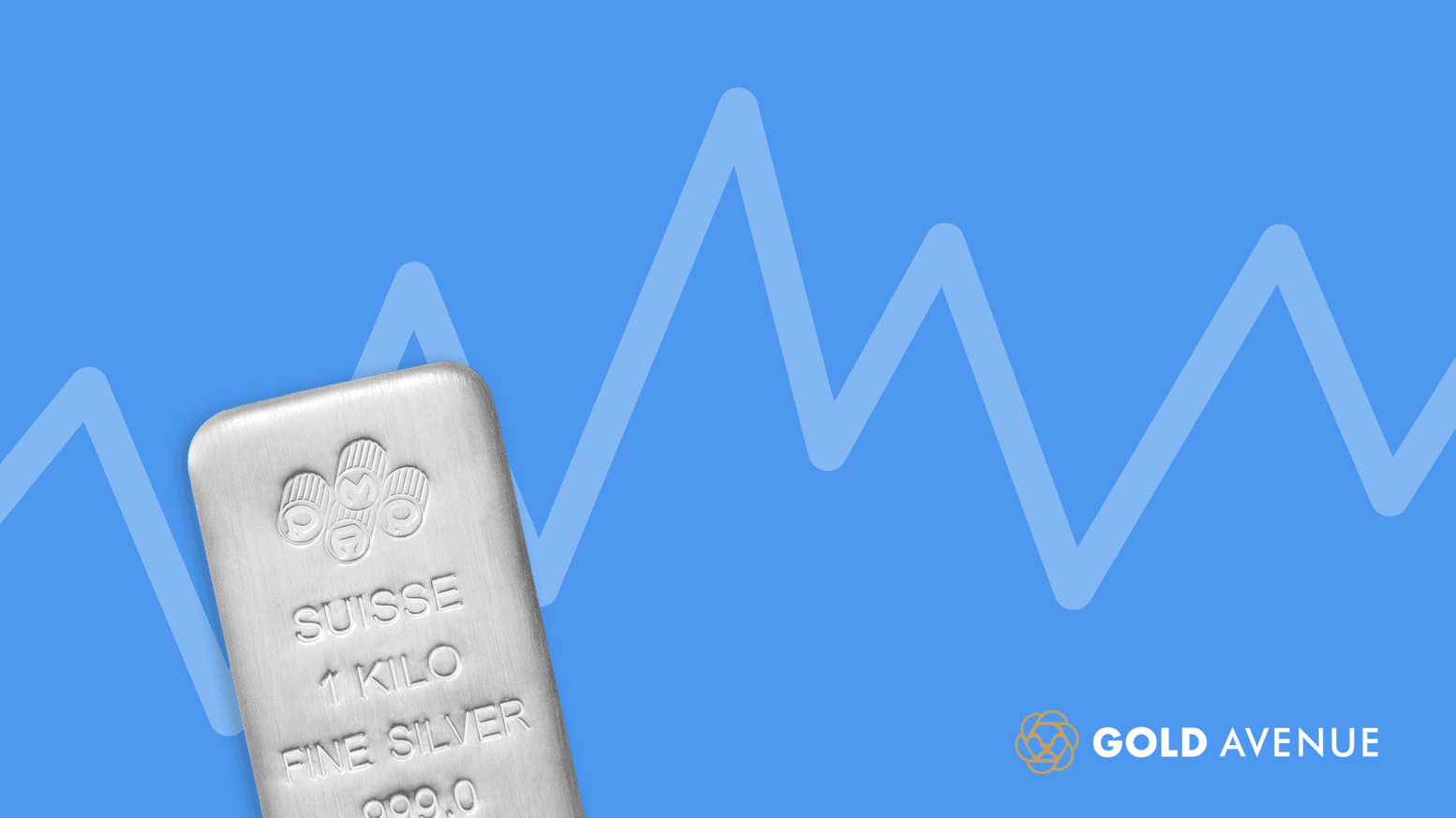 1 kilo silver bar by PAMP Suisse and a fluctuating arrow with the GOLD AVENUE logo on a light blue background 1 kilo silver bar by PAMP Suisse and a fluctuating arrow with the GOLD AVENUE logo on a light blue background
