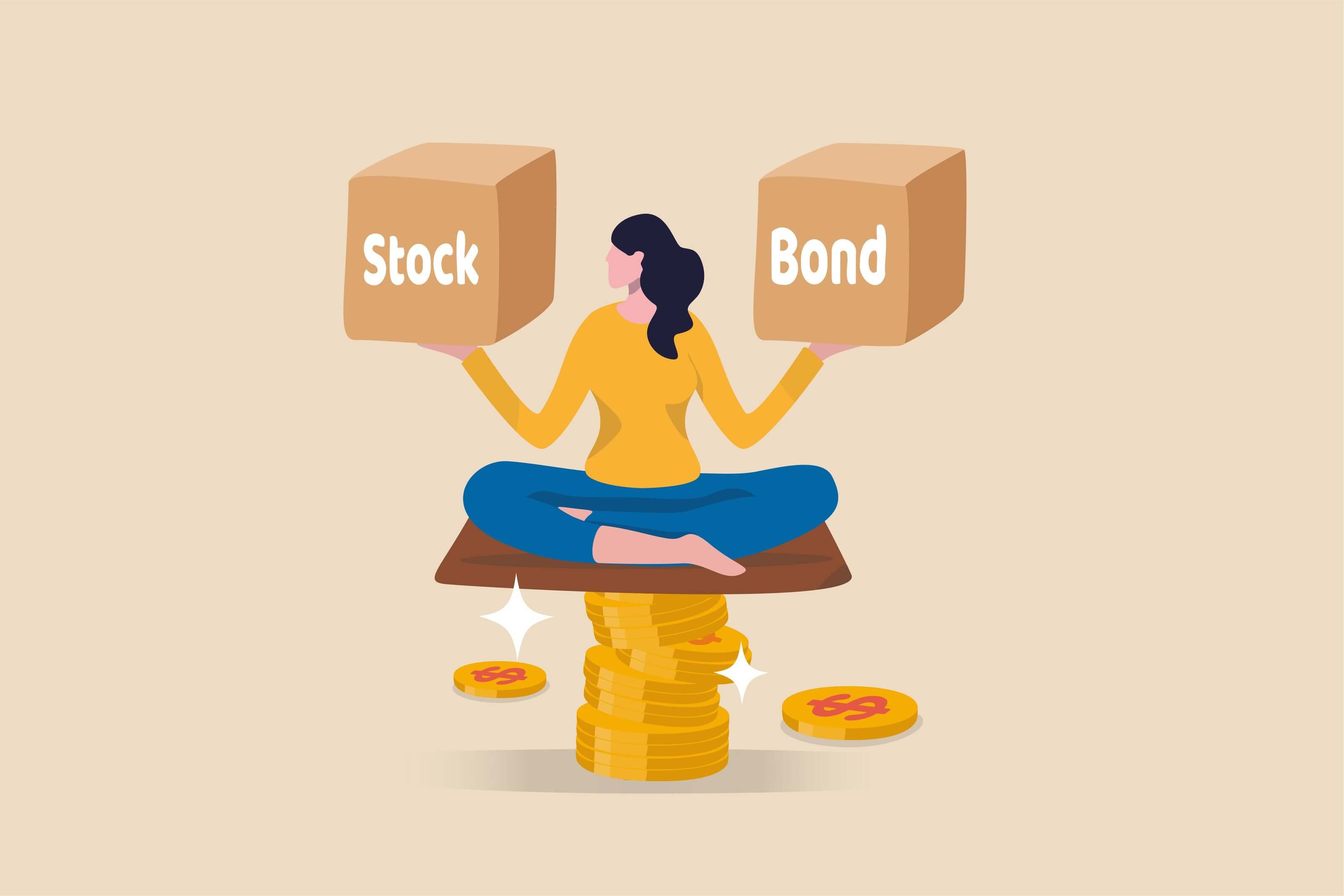 Investing in stocks represented by an image of cartoon girl balancing on a stack of gold coins and holding cubes with the words “stocks” and “bonds” written on them Investing in stocks represented by an image of cartoon girl balancing on a stack of gold coins and holding cubes with the words “stocks” and “bonds” written on them