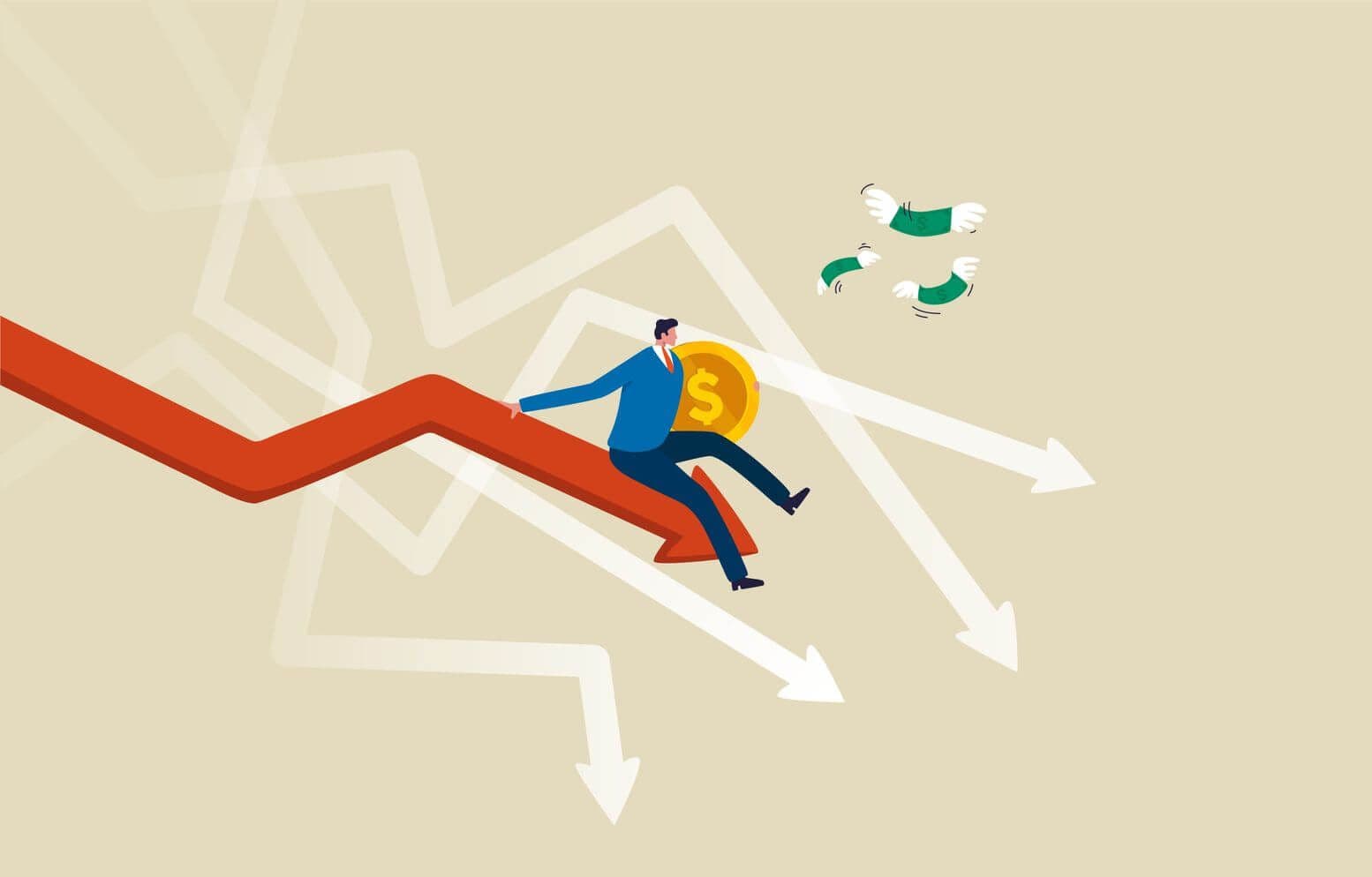 a man sitting on a red arrow holding a golden dollar coin a man sitting on a red arrow holding a golden dollar coin