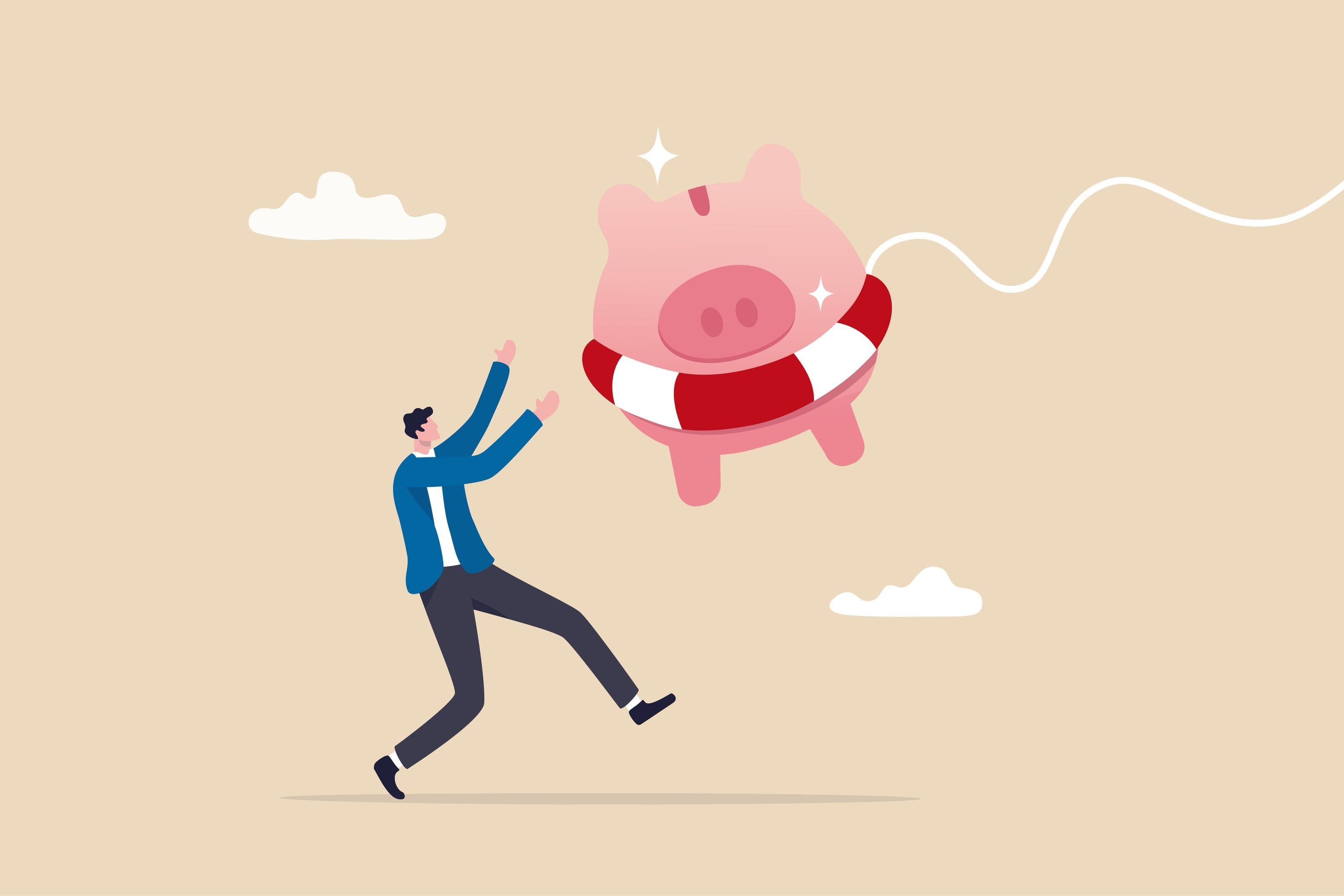creating your emergency fund to start investing represented by a picture of a cartoon man catching a pink balloon pig creating your emergency fund to start investing represented by a picture of a cartoon man catching a pink balloon pig