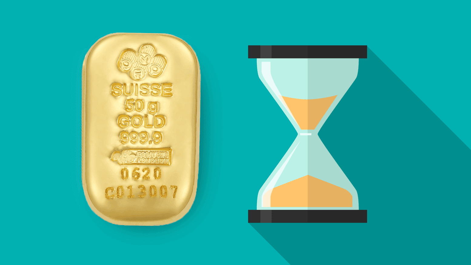 a 50 g PAMP Suisse gold bar with an hourglass on a green background a 50 g PAMP Suisse gold bar with an hourglass on a green background