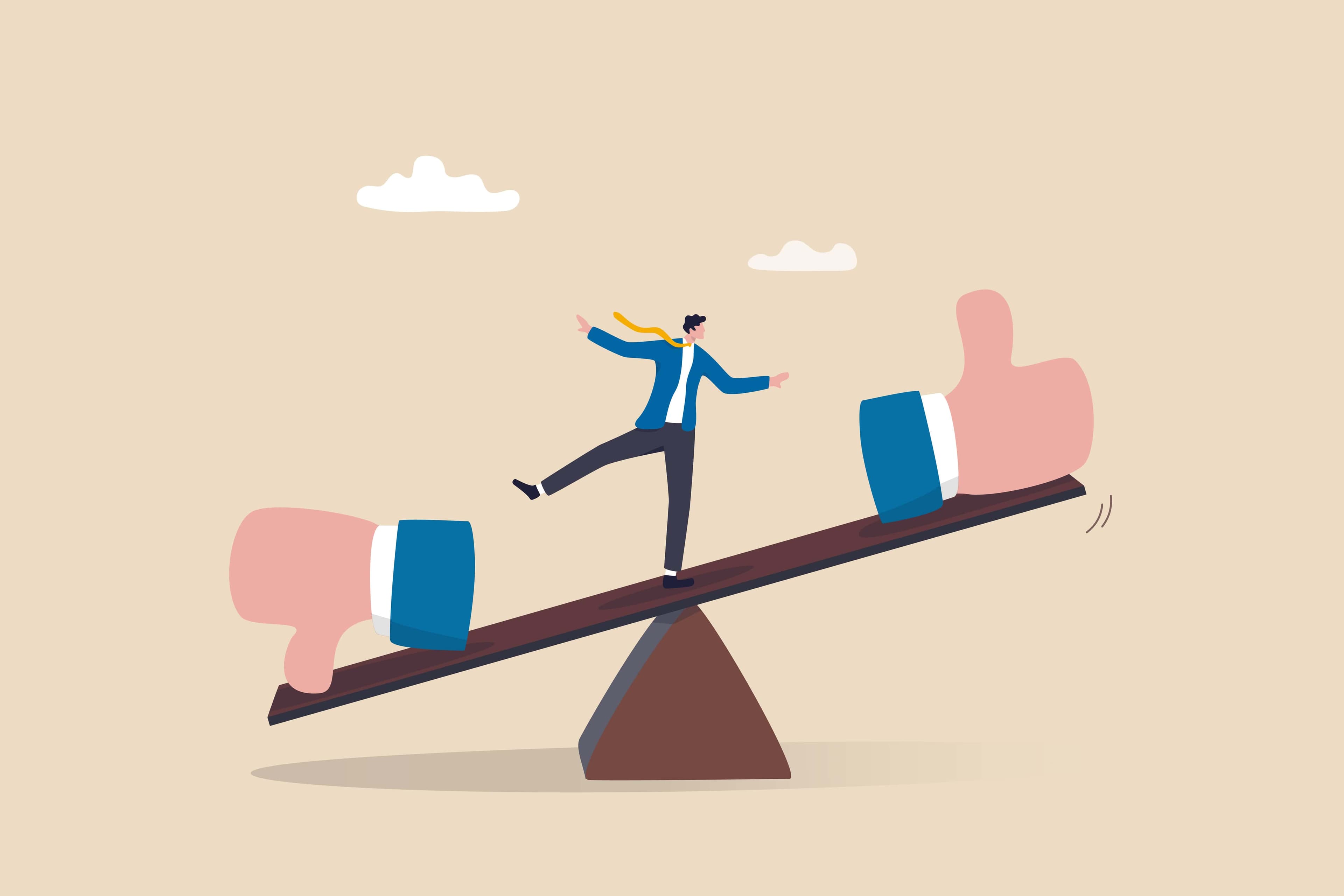 a man balancing between a hand with a thumn pointing up and a hand with a thumb pointing down a man balancing between a hand with a thumn pointing up and a hand with a thumb pointing down